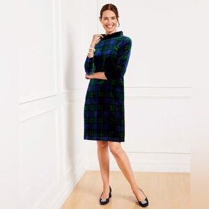 Talbots Effortless Velvet A-Line Black Watch Plaid Dress Highland Green Black